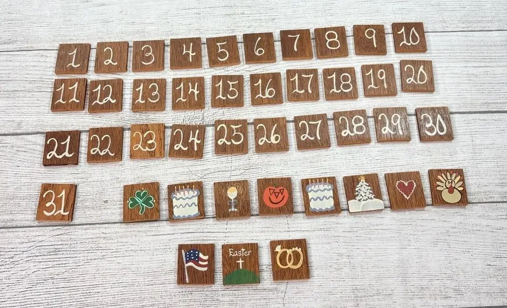 Vintage Handcrafted Wooden Perpetual Calendar Tiles 42 Pcs Dates Holidays